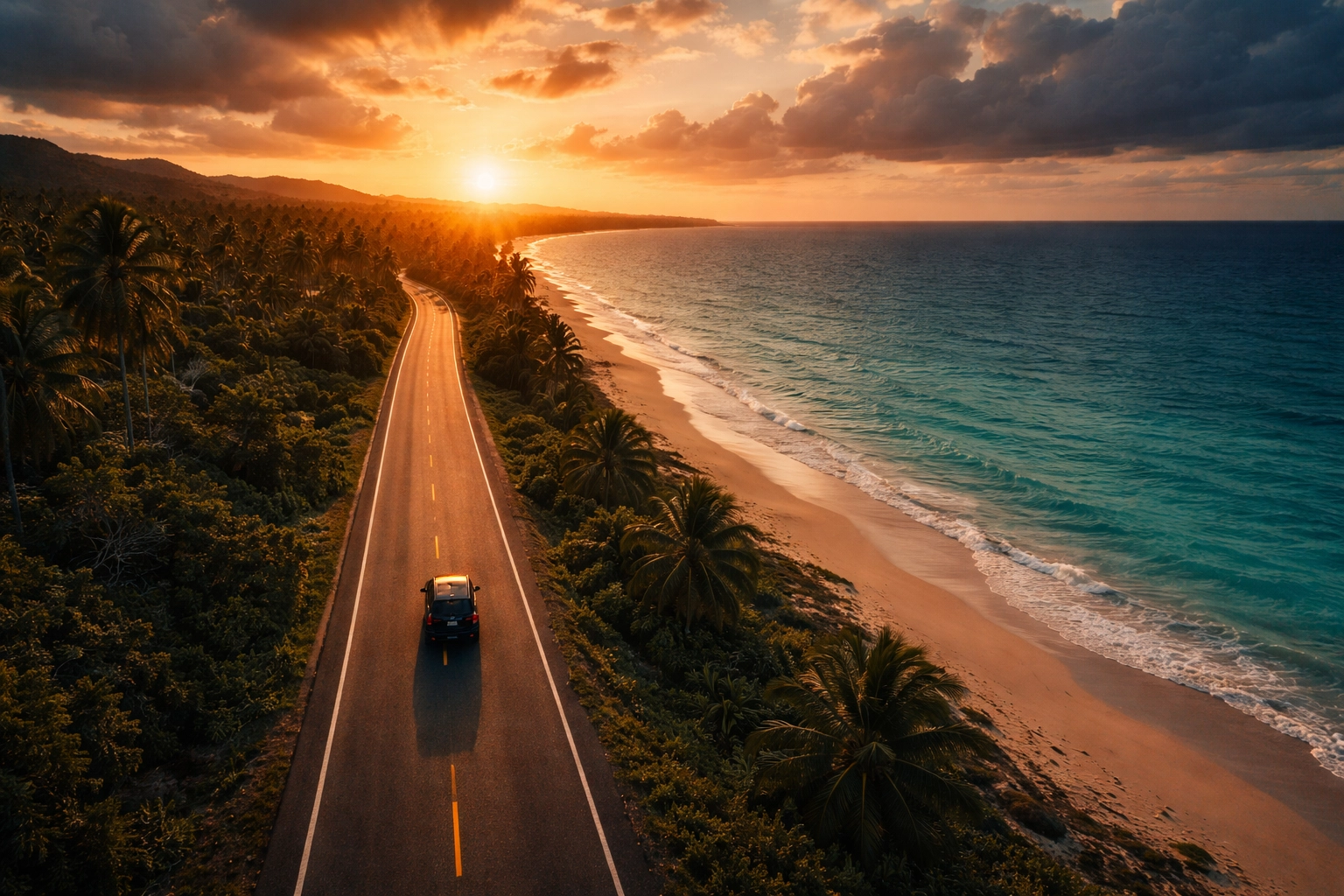 Luxury car parked at a beautiful Dominican beach during a cinematic golden sunset